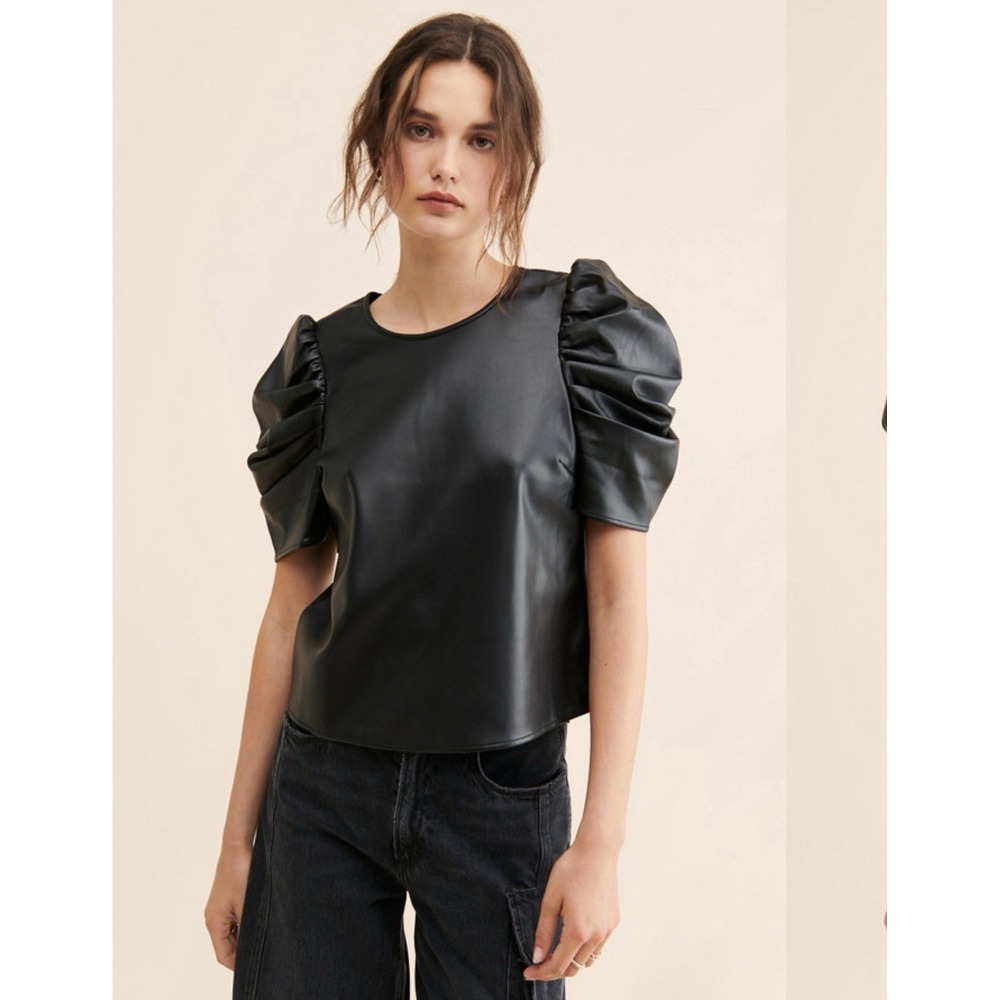 Joe's Kira Vegan Leather Puff Sleeve Blouse Black Size Small